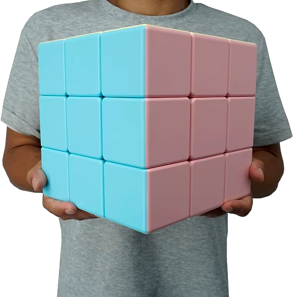 homme qui tient un rubik's cube géant macaron